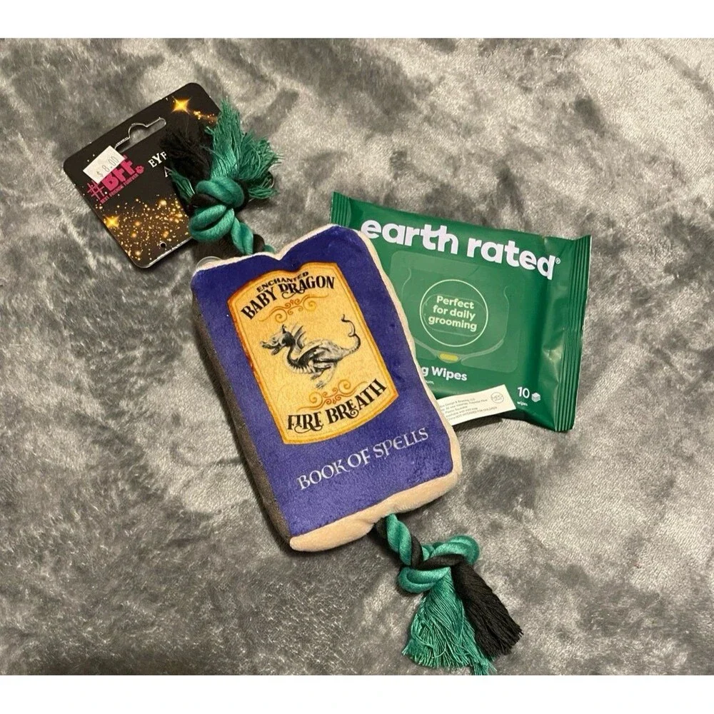 Book of Spells Tarot Card Plush Dog Toy + Lavender Daily Pet Grooming Wipes Lot